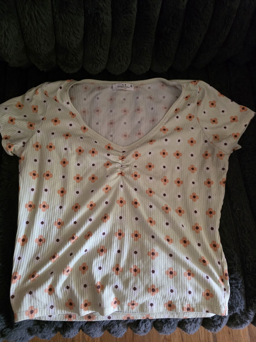 Women's Cream Floral V-Neck Short Sleeve Crop Top